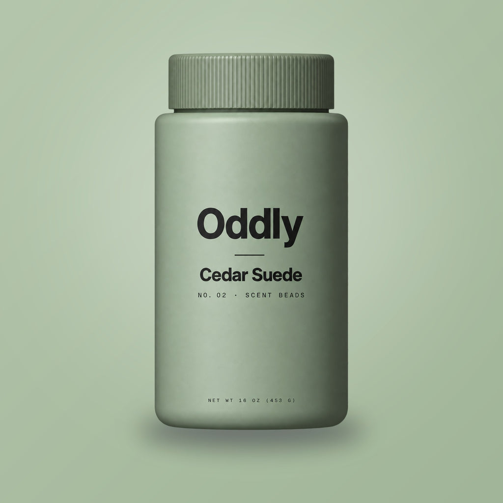 Oddly Cedar Suede scent beads jar on sage green (generated render)