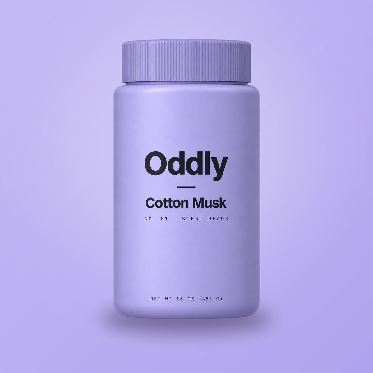 Oddly Cotton Musk scent beads jar on lavender (generated render)