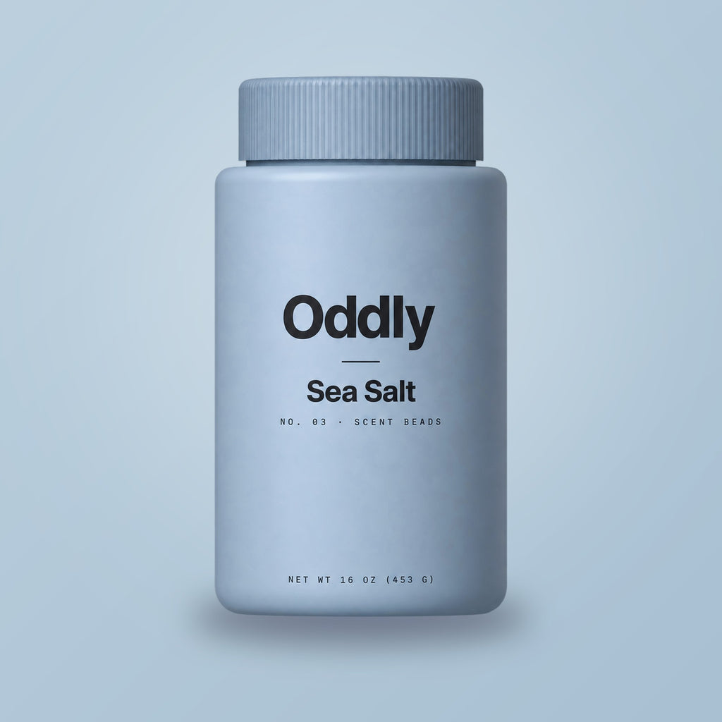 Oddly Sea Salt scent beads jar on pale blue (generated render)